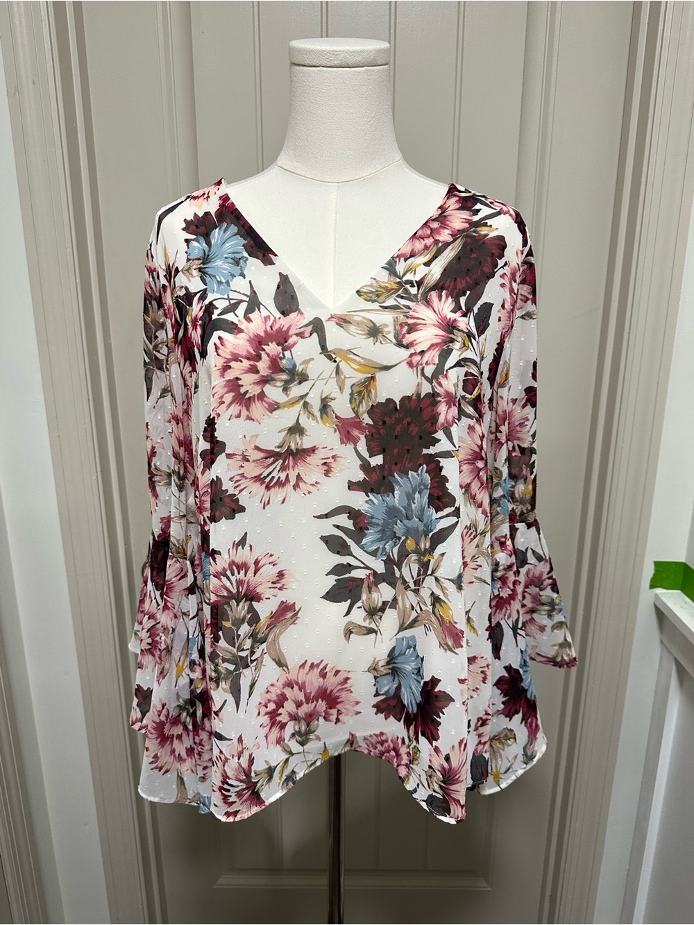 Floral V-Neck Women's Blouse in White with Pink & Blue Flowers